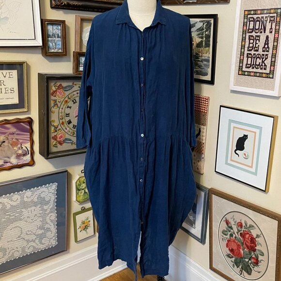 Ichi Antiquites Navy Blue Linen Button Front Shirt Dress with Pockets Size M - Picture 1 of 7